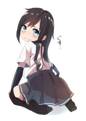 Rule 34 | 1girl, arm warmers, asashio (kancolle), black hair, blue eyes, commentary request, grey skirt, highres, kantai collection, long hair, looking at viewer, looking back, pleated skirt, shirt, short sleeves, simple background, sitting, skirt, solo, suspender skirt, suspenders, taisho (gumiyuki), tearing up, wariza, white background, white shirt