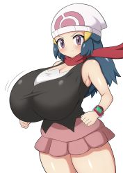 Rule 34 | 1girl, alternate breast size, bare shoulders, beanie, blue hair, blush, breasts, clenched hands, creatures (company), curvy, dawn (pokemon), eyebrows, floating scarf, game freak, hair ornament, hairpin, hat, highres, huge breasts, jaga334, long hair, looking at viewer, narrow waist, nintendo, pink skirt, pokemon, pokemon dppt, purple eyes, scarf, skirt, sleeveless, solo, thick thighs, thighs, watch, wide hips, wristband