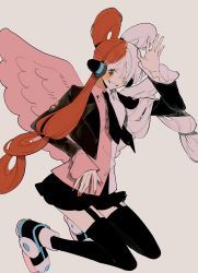 Rule 34 | 1girl, asymmetrical wings, black necktie, black skirt, black thighhighs, blush, garter straps, grin, hand up, highres, long hair, long sleeves, mismatched wings, multicolored hair, nail polish, necktie, numata (oioioioiai), one piece, one piece film: red, red hair, red nails, shirt, shoes, skirt, smile, solo, split-color hair, thighhighs, two-tone hair, uta (one piece), white hair, wings, zettai ryouiki