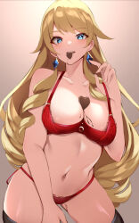 Rule 34 | 1girl, bare shoulders, blonde hair, blue eyes, blush, bra, breasts, candy, chocolate, chocolate heart, cleavage, collarbone, drill hair, drill sidelocks, earrings, food, genshin impact, haneramu, heart, highres, jewelry, large breasts, long hair, looking at viewer, mouth hold, navel, navia (genshin impact), panties, red bra, red panties, sidelocks, smile, solo, thighs, underwear