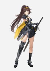 Rule 34 | 1girl, aether gazer, armor, armored boots, asymmetrical legwear, black dress, black thighhighs, blue eyes, boots, breasts, brown hair, cape, closed mouth, commentary request, dress, fighting stance, full body, grey background, hairband, headgear, highres, long hair, original, pauldrons, ponytail, qiongsheng, ready to draw, sheath, sheathed, shoulder armor, simple background, single bare shoulder, single pauldron, single sock, single thighhigh, small breasts, smile, socks, solo, standing, sword, thighhighs, verthandi (aether gazer), very long hair, weapon, yellow cape, yellow hairband