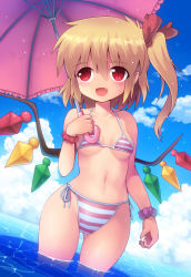 Rule 34 | 1girl, bikini, blonde hair, blue sky, breasts, cloud, commentary request, cowboy shot, crystal, day, dutch angle, fang, flandre scarlet, frilled umbrella, frills, kurogarasu, open mouth, outdoors, pink bikini, pink umbrella, purple scrunchie, red eyes, scrunchie, short hair, side ponytail, sky, small breasts, smile, soaking feet, solo, standing, striped bikini, striped clothes, swimsuit, thigh gap, touhou, umbrella, wading, water, wings, wrist scrunchie