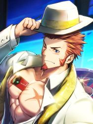 Rule 34 | 1boy, abs, bara, beard, blue eyes, blush, brown hair, card, facial hair, fate/grand order, fate (series), hat, highres, large pectorals, long sideburns, long sleeves, looking to the side, male focus, muscular, napoleon bonaparte (fate), official alternate costume, one eye closed, open clothes, pectorals, scar, scarf, sideburns, solo, waku (ayamix)