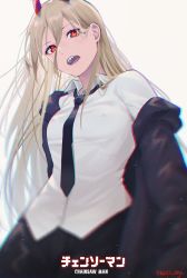 Rule 34 | + +, 1girl, absurdres, black jacket, black necktie, black pants, blonde hair, blurry, breasts, chainsaw man, collared shirt, commentary, copyright name, cowboy shot, cross-shaped pupils, demon horns, depth of field, dress shirt, english commentary, expressionless, grey background, hair between eyes, highres, horns, huge filesize, jacket, long hair, looking at viewer, lufi ays, medium breasts, necktie, off shoulder, open clothes, open jacket, open mouth, pants, power (chainsaw man), red eyes, sharp teeth, shirt, simple background, solo, straight hair, symbol-shaped pupils, teeth, twitter username, white shirt, wing collar