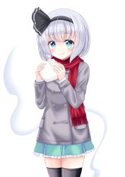 Rule 34 | :t, absurdres, aqua eyes, arms up, baozi, black thighhighs, blue skirt, blush, bob cut, bright pupils, buttons, coat, commentary request, cowboy shot, double-breasted, food, grey coat, hair ribbon, highres, holding, holding food, konpaku youmu, konpaku youmu (ghost), looking at viewer, petticoat, pleated skirt, red scarf, reimei (r758120518), ribbon, scarf, short hair, silver hair, skirt, standing, thighhighs, touhou, transparent background, white pupils, winter clothes, winter coat, zettai ryouiki