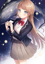 Rule 34 | 1girl, absurdres, animal, black jacket, blazer, blue eyes, blush, bow, braid, breasts, brown hair, brown skirt, closed mouth, collared shirt, commentary request, constellation, dress shirt, envelope, hands up, highres, holding, holding envelope, huge filesize, jacket, long hair, long sleeves, looking at viewer, open clothes, open jacket, original, plaid, plaid skirt, pleated skirt, red bow, shirt, skirt, sky, small breasts, solo, space whale, star (sky), star (symbol), starry sky, tiny (tini3030), twin braids, very long hair, whale, white shirt