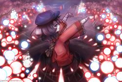Rule 34 | 1girl, bad deviantart id, bad id, blouse, danmaku, female focus, grin, hat, looking back, miyako yoshika, outstretched arms, paxiochicc, purple eyes, purple hair, red shirt, rope, shirt, smile, solo, spell card, tombstone, touhou, tree, watermark, zombie pose