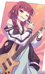 Rule 34 | 1girl, bare shoulders, bass guitar, black bow, blunt bangs, bocchi the rock!, bow, braid, dress, e20, green dress, hair bow, hair over shoulder, hand tattoo, highres, hiroi kikuri, holding, holding carton, holding instrument, instrument, jacket, long hair, long sleeves, looking at viewer, one eye closed, open clothes, open jacket, open mouth, outside border, purple eyes, purple hair, single braid, smile, solo, strap slip, tattoo