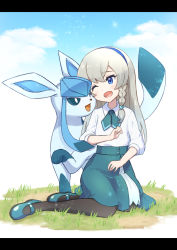 Rule 34 | 1girl, black pantyhose, blonde hair, blue eyes, blue hairband, blush, braid, cloud, collared shirt, commentary request, creatures (company), day, eyelashes, game freak, gen 4 pokemon, glaceon, grass, green footwear, green neckerchief, green skirt, hairband, highres, ishikane aoi, letterboxed, long hair, neckerchief, nintendo, open mouth, outdoors, pantyhose, pokemon, pokemon (anime), pokemon (creature), pokemon journeys, regina (pokemon), shirt, shoes, sitting, skirt, sky, tongue, white shirt