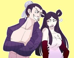Rule 34 | 1boy, 1girl, angry, bacchus groh, black hair, earrings, elbow gloves, fairy tail, gloves, jewelry, lowres, makeup, minerva orlando, smile