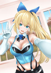Rule 34 | 1girl, :d, armpits, bare shoulders, blonde hair, blue eyes, breasts, cleavage, elbow gloves, gloves, hair ornament, highres, long hair, looking at viewer, midriff, mirai akari, mirai akari project, navel, okumori boy, open mouth, side ponytail, sleeveless, smile, solo, suspenders, teeth, v, virtual youtuber, white gloves