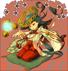 Rule 34 | 1girl, bad id, bad pixiv id, bell, black hair, floating headgear, glowing, hakama, hakama skirt, half-closed eyes, headgear, japanese clothes, kneeling, long hair, money, nessie, nessie (kska), ptc, red background, red eyes, see-through, sitting, skirt, solo, traditional clothes, very long hair