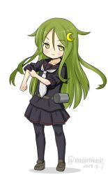 Rule 34 | 1girl, aged down, black pantyhose, black serafuku, crescent, crescent hair ornament, dated, depth charge, full body, green eyes, green hair, hair ornament, kantai collection, long hair, looking at viewer, masara (chuujou), nagatsuki (kancolle), necktie, pantyhose, rolling sleeves up, school uniform, serafuku, simple background, sleeves rolled up, solo, standing, twitter username, white background, white necktie