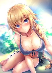 Rule 34 | 1girl, alternate costume, bare arms, bare legs, bare shoulders, bikini, blonde hair, blue bikini, blue eyes, blurry, blurry background, blush, braid, breasts, cleavage, collarbone, commentary request, fate/grand order, fate (series), front-tie top, halterneck, highres, jeanne d&#039;arc (fate), jeanne d&#039;arc (ruler) (fate), jeanne d&#039;arc (swimsuit archer) (fate), jeanne d&#039;arc (swimsuit archer) (first ascension) (fate), large breasts, lips, long braid, long hair, looking at viewer, md5 mismatch, navel, parted lips, resolution mismatch, samoore, side-tie bikini bottom, single braid, sitting, solo, source larger, swimsuit, thighs, very long hair