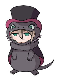 Rule 34 | &gt;:/, 10s, 1girl, :/, ange (princess principal), black hat, blush, brown hair, cape, chibi, closed mouth, commentary request, denden, green eyes, hair between eyes, hat, jitome, lizard costume, princess principal, solo, tail, top hat, v-shaped eyebrows, white background