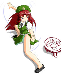 Rule 34 | 1girl, bad anatomy, blue eyes, braid, china dress, chinese clothes, chopsticks, dress, female focus, fighting stance, food, food on face, from above, hat, hong meiling, immaterial and missing power, poorly drawn, red hair, rice, rice on face, samurai (kasizuki), samurai (pixiv), solo, table, touhou, twin braids