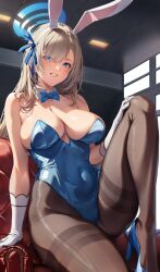 Rule 34 | 1girl, amagimei, asuna (blue archive), asuna (bunny) (blue archive), blue archive, blue bow, blue bowtie, blue eyes, blue footwear, blue halo, blue leotard, bow, bowtie, breasts, cleavage, commentary, covered navel, detached collar, gloves, halo, high heels, highres, indoors, large breasts, leotard, light brown hair, looking at viewer, pantyhose, solo, white gloves