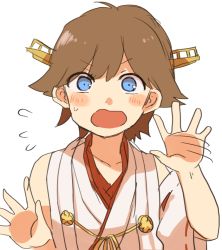 Rule 34 | 1girl, blue eyes, blush, blush stickers, brown hair, commentary request, flustered, headgear, headwear request, hiei (kancolle), ina (1813576), japanese clothes, kantai collection, nontraditional miko, open mouth, short hair, sweatdrop, white background