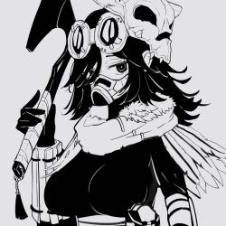 Rule 34 | 1girl, adapted costume, animification, apex legends, axe, bloodhound (apex legends), breasts, feather trim, fur trim, gender request, genderswap, genderswap (otf), goggles, goggles on head, grey background, greyscale, hair behind ear, highres, holding, holding axe, large breasts, looking at viewer, mask, mask on head, monochrome, portrait, raven&#039;s bite, scarf, solo, xiaoye ju er, young blood bloodhound