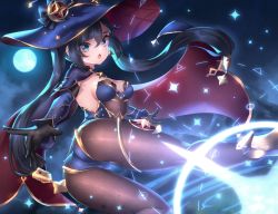 Rule 34 | 1girl, ass, black hair, blue eyes, breasts, cape, cleavage, cleavage cutout, clothing cutout, commentary request, foreshortening, from behind, genshin impact, gloves, hair between eyes, hat, high heels, highres, long hair, looking at viewer, looking back, medium breasts, mona (genshin impact), neit ni sei, open mouth, outstretched arm, pantyhose, solo, star (sky), star (symbol), witch hat