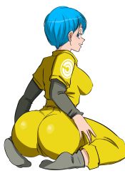 Rule 34 | 1girl, ass, blue eyes, blue hair, bodysuit, breasts, bulma, capsule corp, dragon ball, dragon ball super, dragon ball super super hero, gokutrash, half-closed eyes, highres, huge ass, jumpsuit, long sleeves, looking at viewer, looking back, medium breasts, mature female, short hair, simple background, sitting, smile, wariza, white background, wide hips, yellow bodysuit