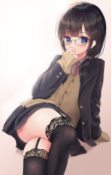 Rule 34 | 1girl, arm support, black hair, black jacket, black skirt, black thighhighs, blazer, blue eyes, blush, brown cardigan, brown necktie, cardigan, collared shirt, commentary request, covered mouth, crossed legs, garter straps, glasses, hair over shoulder, highres, jacket, lace, lace-trimmed legwear, lace trim, long hair, long sleeves, looking at viewer, low twintails, mimikaki (men bow), necktie, open clothes, open jacket, original, pleated skirt, school uniform, shirt, skirt, sleeves past fingers, sleeves past wrists, solo, thighhighs, twintails, white shirt