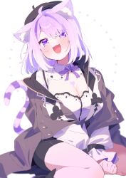 Rule 34 | 1girl, absurdres, animal ears, beret, between legs, black hat, black shorts, breasts, cat ears, cat girl, cleavage, cleavage cutout, clothing cutout, commentary, frilled shirt, frills, hat, heart on chest, highres, hololive, large breasts, long sleeves, looking at viewer, nekomata okayu, nekomata okayu (wonderland), official alternate costume, parted bangs, paru rari, puffy long sleeves, puffy sleeves, purple eyes, purple hair, shirt, short hair, shorts, simple background, sitting, solo, striped tail, symbol-only commentary, tail, virtual youtuber, wariza, white background, white shirt