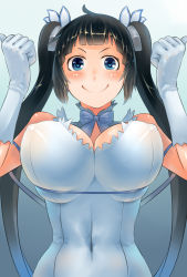Rule 34 | &gt;:), 10s, 1girl, ahoge, bare shoulders, black hair, black ribbon, blue bow, blue bowtie, blue eyes, blue hair, blush, bow, bowtie, breast lift, breasts, cleavage, clenched hands, covered erect nipples, covered navel, detached collar, dress, dungeon ni deai wo motomeru no wa machigatteiru darou ka, gloves, gradient background, gradient hair, hair ribbon, heart, heart-shaped pupils, hestia (danmachi), highres, large breasts, long hair, looking at viewer, matching hair/eyes, multicolored hair, nose blush, rei no himo, ribbon, smile, solo, symbol-shaped pupils, tenha (tenpalion444), tenpalion444, thumbs up, twintails, v-shaped eyebrows, very long hair, white dress, white gloves
