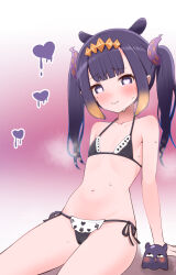 Rule 34 | 1girl, ?, arm support, bare arms, bare shoulders, bikini, black bikini, blue eyes, blunt bangs, blush, bright pupils, closed mouth, collarbone, commentary, drooling, flat chest, gradient background, gradient hair, hair ornament, halterneck, heart, heart-shaped pupils, hololive, hololive english, kani bonara, long hair, looking at viewer, mole, mole under eye, multicolored hair, navel, ninomae ina&#039;nis, orange hair, pink background, pointy ears, purple hair, side-tie bikini bottom, sitting, smile, steaming body, stomach, string bikini, swimsuit, symbol-only commentary, symbol-shaped pupils, takodachi (ninomae ina&#039;nis), tentacle hair, thighs, twintails, virtual youtuber, white background, white pupils