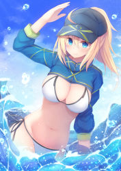 Rule 34 | 1girl, ahoge, arm up, artoria pendragon (fate), bikini, blonde hair, blue eyes, blue sky, breasts, cleavage, commentary request, day, fate/grand order, fate (series), firepo, glint, groin, hair between eyes, highres, large breasts, long hair, long sleeves, looking at viewer, mysterious heroine x (fate), mysterious heroine xx (fate), navel, outdoors, ponytail, shrug (clothing), side-tie bikini bottom, sky, smile, solo, standing, stomach, sunlight, swimsuit, wading, water, water drop, white bikini