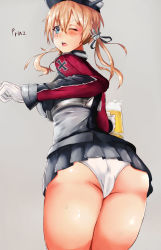 Rule 34 | 10s, 1girl, alcohol, ass, beer, blonde hair, blue eyes, blush, breasts, cameltoe, from behind, from below, gloves, grey background, hair ornament, hat, highres, kantai collection, large breasts, long hair, looking down, low twintails, military, military uniform, miniskirt, one eye closed, open mouth, panties, prinz eugen (kancolle), shiny clothes, shiny skin, sideboob, simple background, skirt, solo, sweat, twintails, underwear, uniform, upskirt