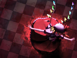 Rule 34 | 1girl, backlighting, checkered floor, embodiment of scarlet devil, female focus, flandre scarlet, floor, from above, glowing, glowing eyes, hat, lauqe, outstretched arms, short sleeves, solo, spread arms, touhou