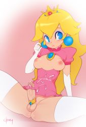 Rule 34 | 1futa, bad id, bad tumblr id, blonde hair, blue eyes, breasts, breasts out, cock ring, crown, cum, cum on body, cum on self, cum on stomach, cum on upper body, doxy, earrings, elbow gloves, eyeshadow, full-package futanari, futanari, gloves, jewelry, long hair, makeup, mario (series), nintendo, nipples, penis, penis ornament, penis ribbon, princess peach, ribbon, sex toy, small breasts, solo, spread legs, testicles, thighhighs, uncensored, white thighhighs
