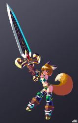 Rule 34 | 1girl, animal ears, armor, armpits, arms up, artist name, bare shoulders, belt, bikini, bikini armor, black thighhighs, blunt bangs, bob cut, boots, brown belt, brown footwear, brown gloves, brown hair, closed mouth, commentary, dated, fox ears, fox tail, full body, gloves, gradient background, green armor, green bikini, grey background, highres, holding, holding sword, holding weapon, huge weapon, mabius, navel, original, pixel art, red eyes, short hair, signature, smile, solo, standing, swimsuit, sword, tail, thighhighs, two-handed, two-handed sword, warrior, weapon
