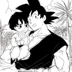 Rule 34 | 1boy, 1girl, black eyes, black hair, candy, carrying, child, cloud, coconut tree, dougi, dragon ball, dragonball z, food, grandfather and granddaughter, greyscale, happy, lollipop, looking away, miiko (drops7), monochrome, open mouth, palm tree, pan (dragon ball), sky, smile, son goku, tree