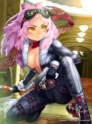 Rule 34 | 1girl, belt, black gloves, blood, bloody knife, bodysuit, boots, breasts, cleavage, furyou michi ~gang road~, gloves, goggles, goggles on head, gun, handgun, holding, jairou, knife, large breasts, lin maoxiao, long hair, nose, on one knee, pink hair, pistol, shiny skin, smoke, smoking barrel, solo, suppressor, watermark, weapon, yellow eyes