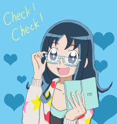 Rule 34 | 10s, 1girl, bad id, bad pixiv id, blue eyes, blue hair, english text, glasses, handheld game console, heart, heartcatch precure!, kurumi erika, long hair, matching hair/eyes, nintendo ds, precure, solo, star (symbol), sweater, the third man