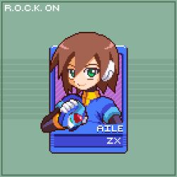 Rule 34 | 1girl, aile (mega man zx), biometal, blue jacket, brown hair, character name, closed mouth, cropped jacket, green eyes, henshin pose, holding, jacket, mega man (series), mega man zx, model x (mega man), nghtmrsrph, pixel art, robot ears, spiked hair, upper body