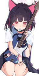 Rule 34 | 0ver sd, 1girl, absurdres, animal ears, bass guitar, black hair, black jacket, black mask, blue archive, blush, cat ears, closed mouth, clothes around waist, extra ears, halo, highres, instrument, jacket, jacket around waist, kazusa (band) (blue archive), kazusa (blue archive), mask, mask pull, mouth hold, mouth mask, official alternate costume, pink hair, pink halo, red eyes, shirt, short hair, short sleeves, simple background, solo, white background, white shirt