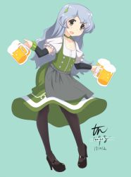 Rule 34 | 1girl, alcohol, alternate costume, alternate hairstyle, alternate legwear, apron, aqua background, arm warmers, beer, beer mug, black footwear, black pantyhose, commentary request, cup, dirndl, dress, german clothes, green ribbon, grey eyes, hairband, high heels, kantai collection, long hair, mug, neck ribbon, oktoberfest, open mouth, pantyhose, puffy short sleeves, puffy sleeves, revision, ribbon, shoes, short sleeves, signature, silver hair, smile, solo, tun, underbust, waist apron, wavy hair, yamagumo (kancolle)