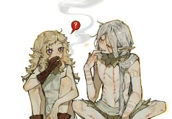 Rule 34 | 1boy, 1girl, ?, arm tattoo, bags under eyes, blonde hair, chest tattoo, cigarette, closed eyes, dungeon meshi, elf, fleki, full-body tattoo, gloves, gorget, grey hair, hair around ear, hair tubes, hand to own mouth, highres, holding, holding cigarette, joint (drug), knees up, leg tattoo, long hair, low twintails, lycion, medium hair, navel, notched ear, nova 1810, pointy ears, purple eyes, simple background, single glove, sitting, sleeveless, smoke, smoke trail, smoking, spoken question mark, tattoo, topless male, tunic, twintails, white background
