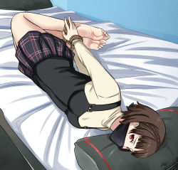 Rule 34 | atlus, barefoot, bdsm, body blush, bondage, bound, bound ankles, bound wrists, breasts, brown hair, cloth gag, gag, gagged, highres, hogtie, improvised gag, legs, looking at viewer, lost one zero, niijima makoto, over the nose gag, persona, persona 5, red eyes, rope, skirt
