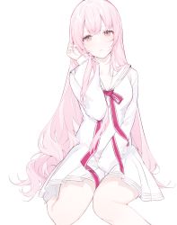 Rule 34 | 1girl, absurdres, breasts, collarbone, dress, expressionless, foot out of frame, hand in own hair, hand up, highres, light blush, long hair, looking at viewer, medium breasts, miyuki (miyuki0529), original, parted lips, pink eyes, pink hair, red neckwear, red ribbon, ribbon, simple background, sitting, solo, very long hair, wariza, white background, white dress