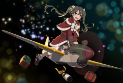 Rule 34 | 1girl, aircraft, aircraft request, airplane, alternate costume, antlers, bad id, bad twitter id, black legwear, boots, bottle, capelet, commentary, dress, full body, fur-trimmed boots, fur-trimmed dress, fur trim, gift, green eyes, grey hair, hair ribbon, horns, kantai collection, koubakotone, long hair, open mouth, red dress, reindeer antlers, ribbon, riding, smile, solo, sparkle background, twintails, white ribbon, zuikaku (kancolle)