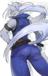 Rule 34 | 10s, 1boy, belt, clenched teeth, furry, furry male, hand on own hip, hip focus, long hair, looking back, male focus, mochizuki anko, pants, precure, smile precure!, solo, teeth, werewolf, white background, white hair, wolfrun