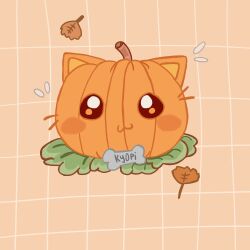 1other :3 animal_ears blush_stickers brown_background cat_ears character_name checkered_background commentary english_commentary indie_virtual_youtuber kyopi_(kyoresu) leaf looking_at_viewer mascot objectification pumpkin solo sora_ruruu whiskers