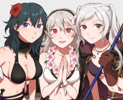 Rule 34 | 3girls, alternate costume, belt, belt buckle, bikini, black bikini, black coat, black hairband, blue eyes, blue hair, blush, breasts, brown belt, brown eyes, brown gloves, buckle, byleth (female) (fire emblem), byleth (female) (summer) (fire emblem), byleth (fire emblem), cleavage, closed mouth, coat, coat on shoulders, collarbone, commentary request, corrin (female) (fire emblem), corrin (female) (summer) (fire emblem), corrin (fire emblem), dagger, expressionless, fire emblem, fire emblem: three houses, fire emblem awakening, fire emblem fates, fire emblem heroes, flower, flower necklace, gloves, grey background, grey hair, hair between eyes, hair flower, hair ornament, hairband, hibiscus, highres, hood, hood down, hooded coat, jewelry, knife, large breasts, long hair, looking at viewer, medium breasts, multiple girls, navel, necklace, nintendo, o-ring, o-ring top, official alternate costume, open mouth, own hands together, peach11 01, pink flower, pointy ears, purple bikini, red eyes, red flower, robin (female) (fire emblem), robin (fire emblem), sheath, sheathed, simple background, smile, swimsuit, teeth, trait connection, twintails, twitter username, upper body, upper teeth only, weapon, white bikini, white hair