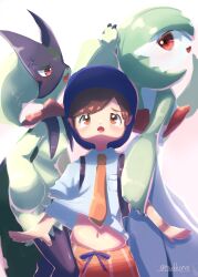 Rule 34 | 1boy, 2girls, :3, anger vein, animal hands, animal nose, annoyed, arm up, artist name, backpack, bag, black fur, blue headwear, blush, bob cut, body fur, breast pocket, brown eyes, brown hair, claws, clothes lift, collared shirt, colored skin, creatures (company), drawstring, eye contact, fang, female focus, florian (pokemon), from side, furry, furry female, game freak, gardevoir, gen 3 pokemon, green fur, green hair, green skin, half-closed eyes, hand on another&#039;s head, happy, hat, highres, holding another&#039;s arm, lifting own clothes, looking at another, looking back, looking up, matching hair/eyes, meowscarada, multicolored skin, multiple girls, navel, necktie, nintendo, open mouth, orange necktie, orange shorts, pocket, pokemon, pokemon (creature), pokemon sv, profile, red eyes, shirt, shirt lift, short hair, short sleeves, shorts, sidelocks, signature, simple background, smile, standing, stomach, straight-on, swept bangs, thighs, tsukkon, twitter username, two-tone fur, two-tone skin, upper body, white background, white shirt, white skin