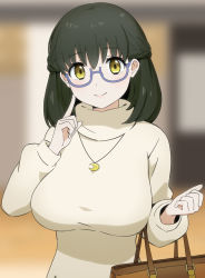 Rule 34 | 1girl, alternate costume, alternate hairstyle, bag, black hair, blue-framed eyewear, braid, breasts, carrying bag, clenched hand, commentary request, crescent, crescent necklace, french braid, hand up, handbag, indoors, jewelry, large breasts, looking at viewer, mahouka koukou no rettousei, medium hair, necklace, shibata mizuki, smile, solo, straight-on, sumi (shibata3gb), sweater, turtleneck, turtleneck sweater, upper body, yellow eyes, yellow sweater