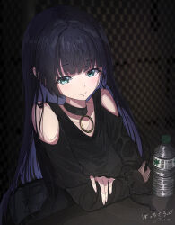 Rule 34 | 1girl, aqua eyes, arm on table, bare shoulders, black dress, black hair, blunt bangs, bocchi the rock!, bottle, chin piercing, choker, ci4, colored inner hair, dress, ear piercing, goth fashion, hand on arm, highres, hime cut, long hair, long sleeves, looking at viewer, multicolored hair, pa-san, piercing, sitting, smile, table, very long hair, water bottle